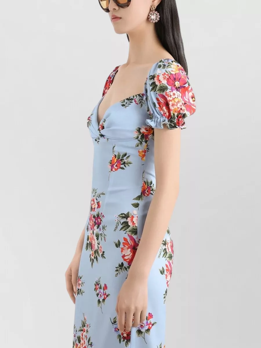 Dolce&Gabbana Silk Floral-Print Sweetheart-Neck Midi Dress