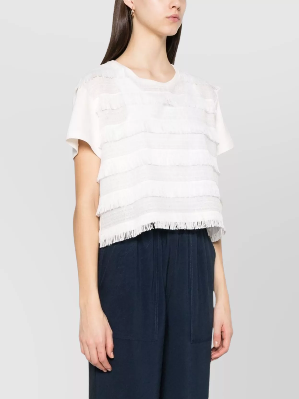 Shop Emporio Armani Fringed Crew Neck Cotton T-shirt
