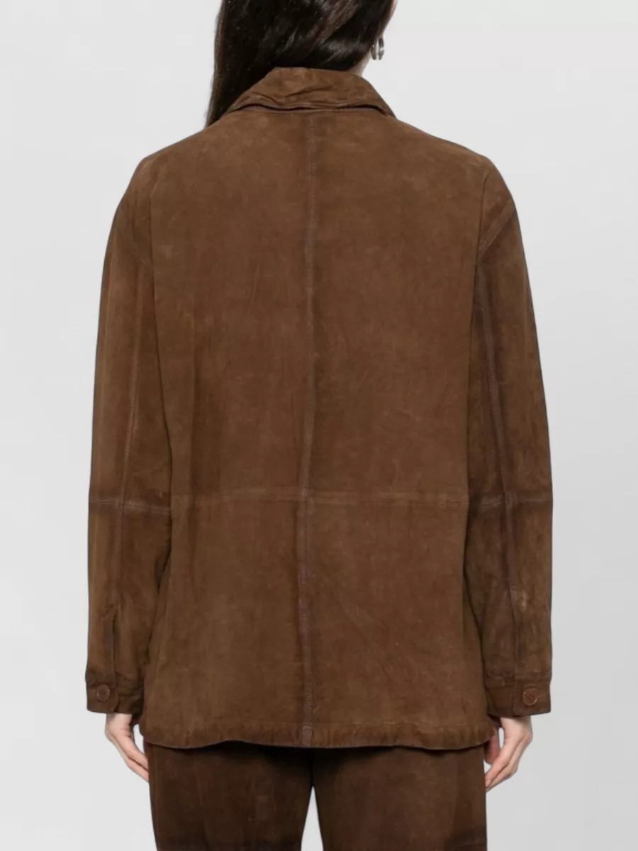 Parosh Suede Leather Jacket Long Sleeves Collar