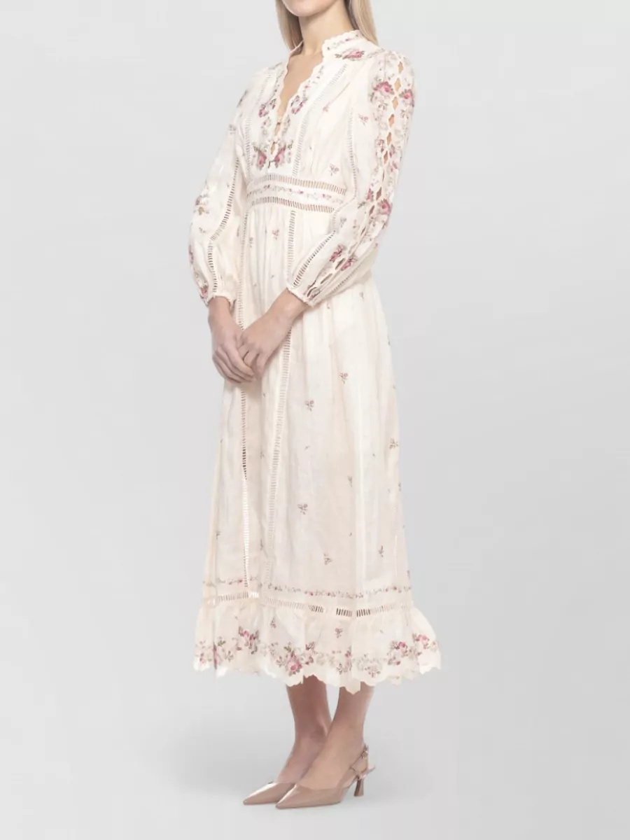 Zimmermann Linen Embroidered Floral-Print Plunging V-Neck Long-Sleeve Midi Dress