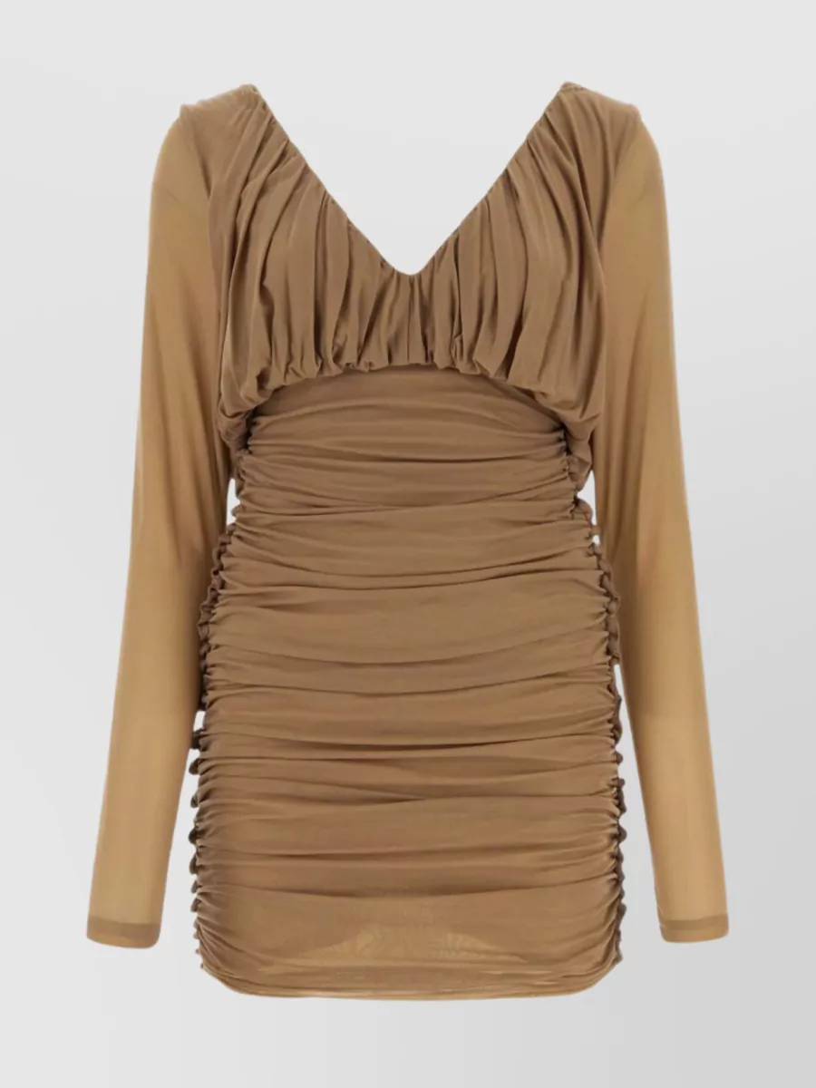 Shop Saint Laurent Jersey Draped Neckline Dress With Ruched Sleeves In Brown