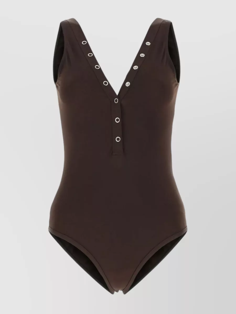 Shop Bottega Veneta Backless V-neck Swimsuit In Stretch Nylon With Button Accents In Brown