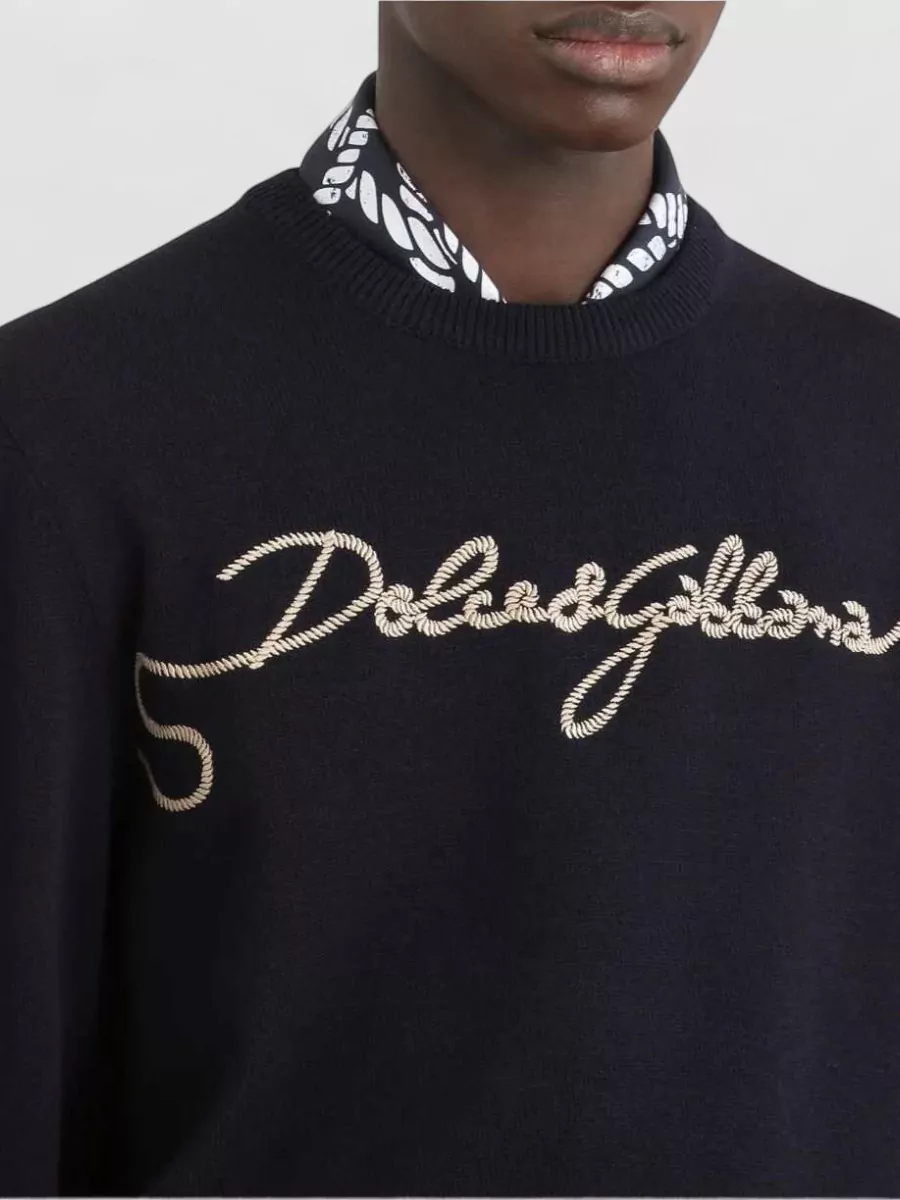 Dolce&Gabbana Virgin Wool Plain-Knit Embroidered Crew-Neck Long-Sleeve Sweater