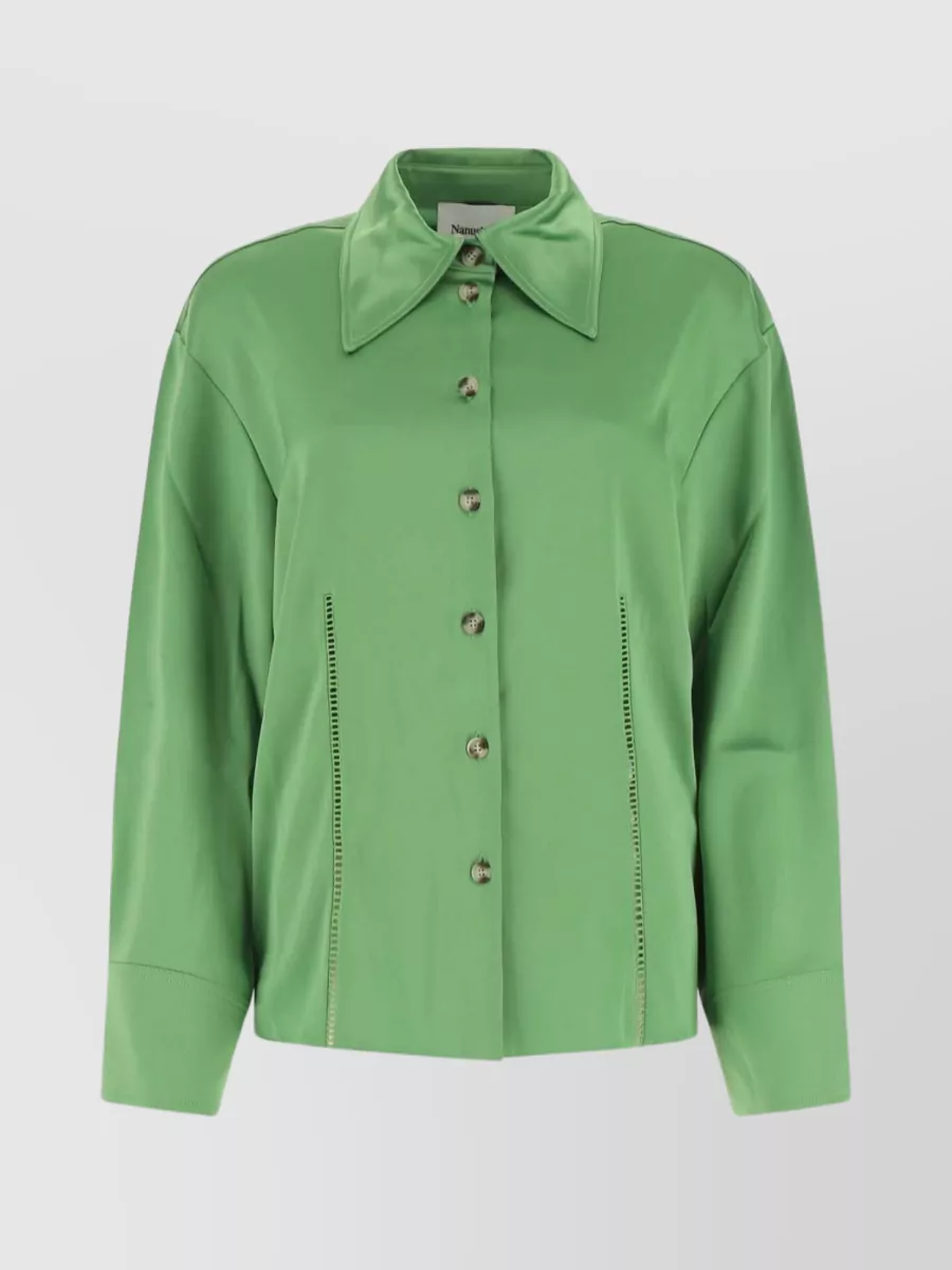 Shop Nanushka Collared Satin Shirt With Pleated Back In Green