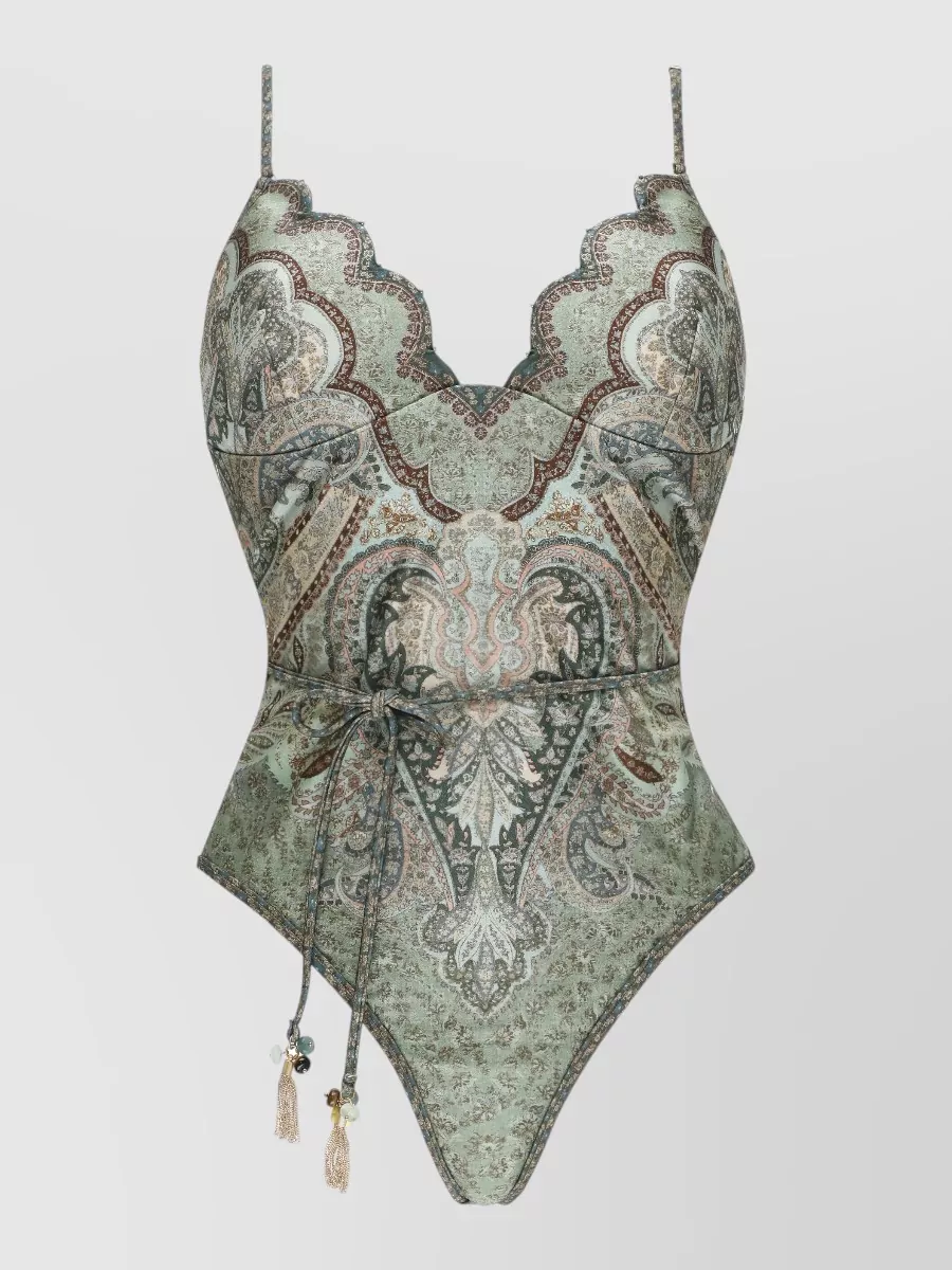 Zimmermann Paisley-Print Scallop V-Neck One-Piece Swimsuit