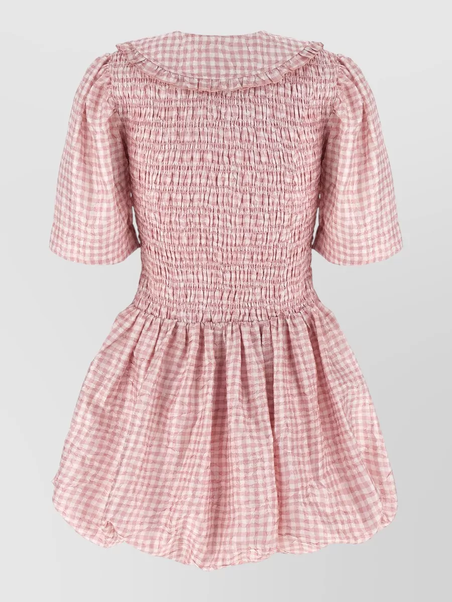Ganni Textured Checked V-Neck Short-Sleeve Mini Dress