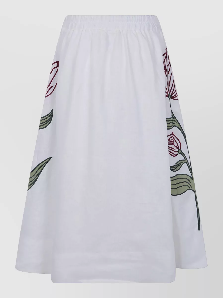Farm Rio Linen Floral Embroidered Midi A-Line Skirt