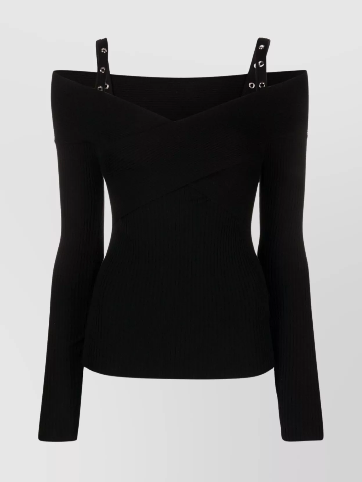 Shop Blumarine Off-shoulder Ribbed Top With A-line Satin Skirt In Black