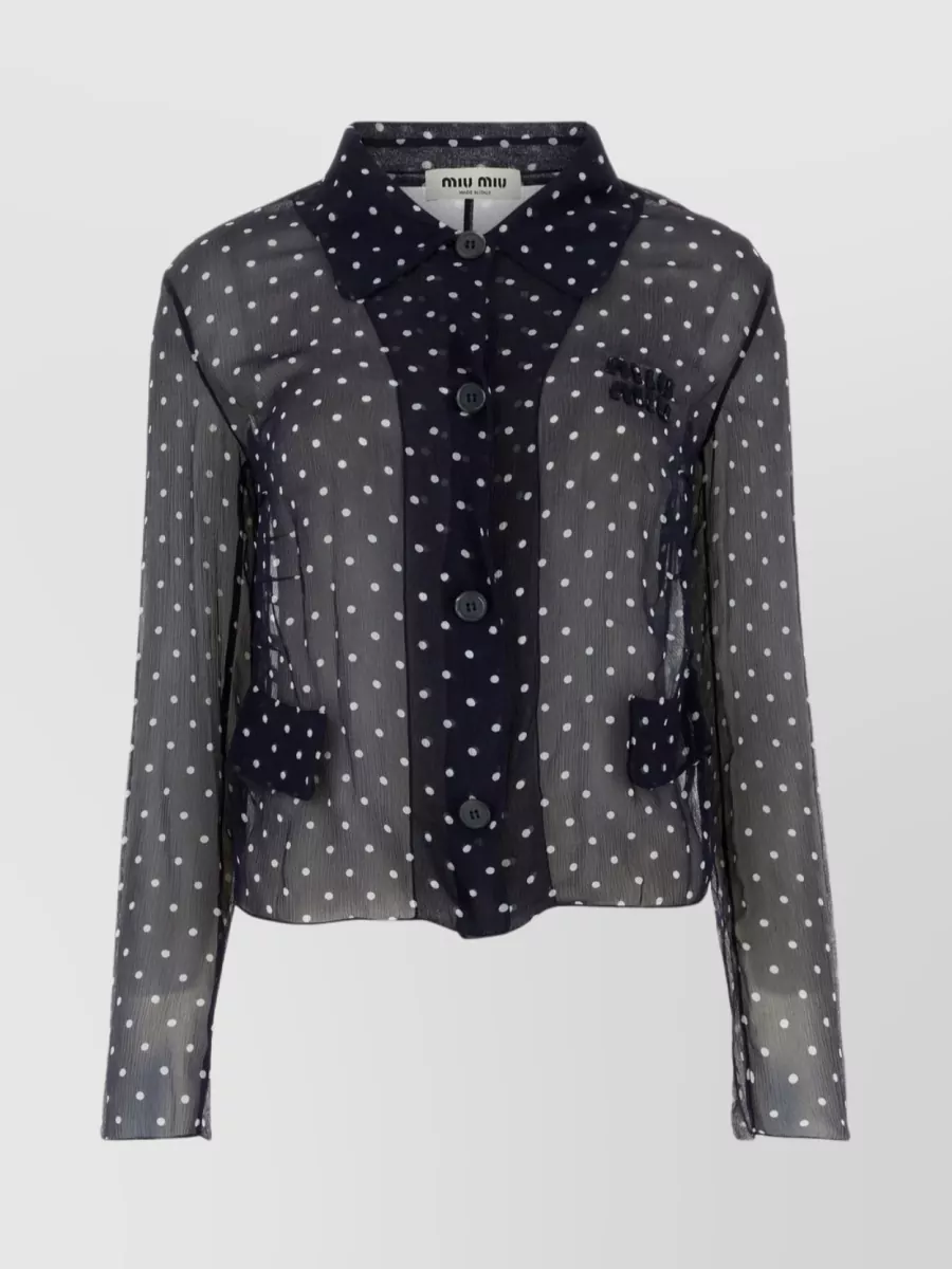 Shop Miu Miu Sheer Polka-dot Chiffon Shirt With Front Pockets In Black