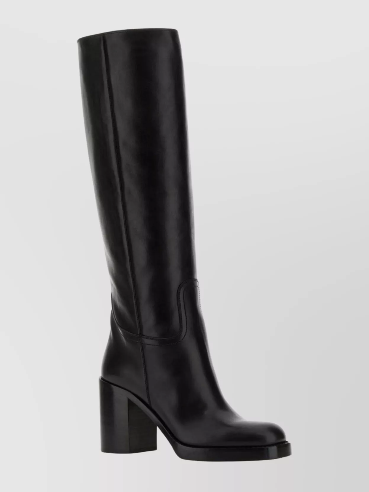 Prada Leather Knee High Boots With Block Heel In Black