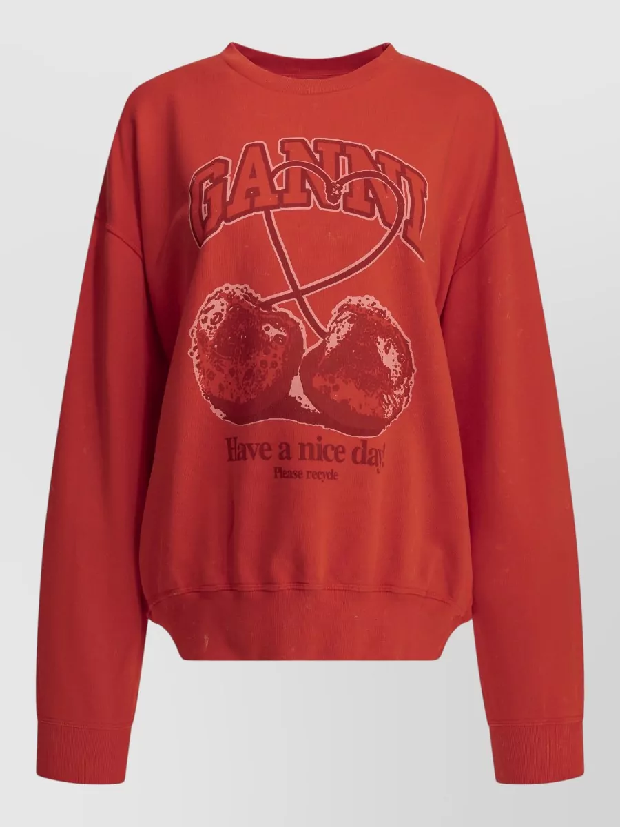 Ganni cherry printed organic cotton crewneck sweater