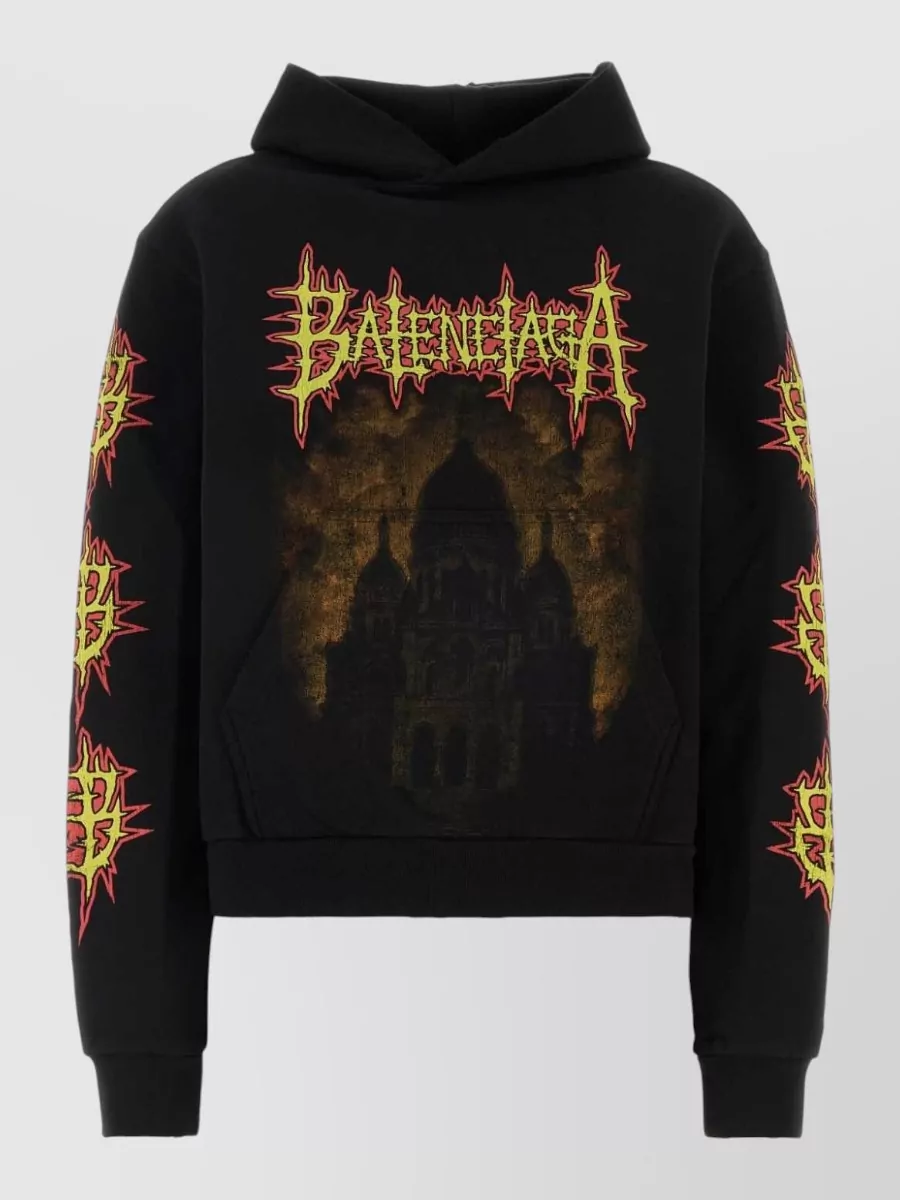 Balenciaga Cotton Sweatshirt Graphic Print Hooded Design In Black