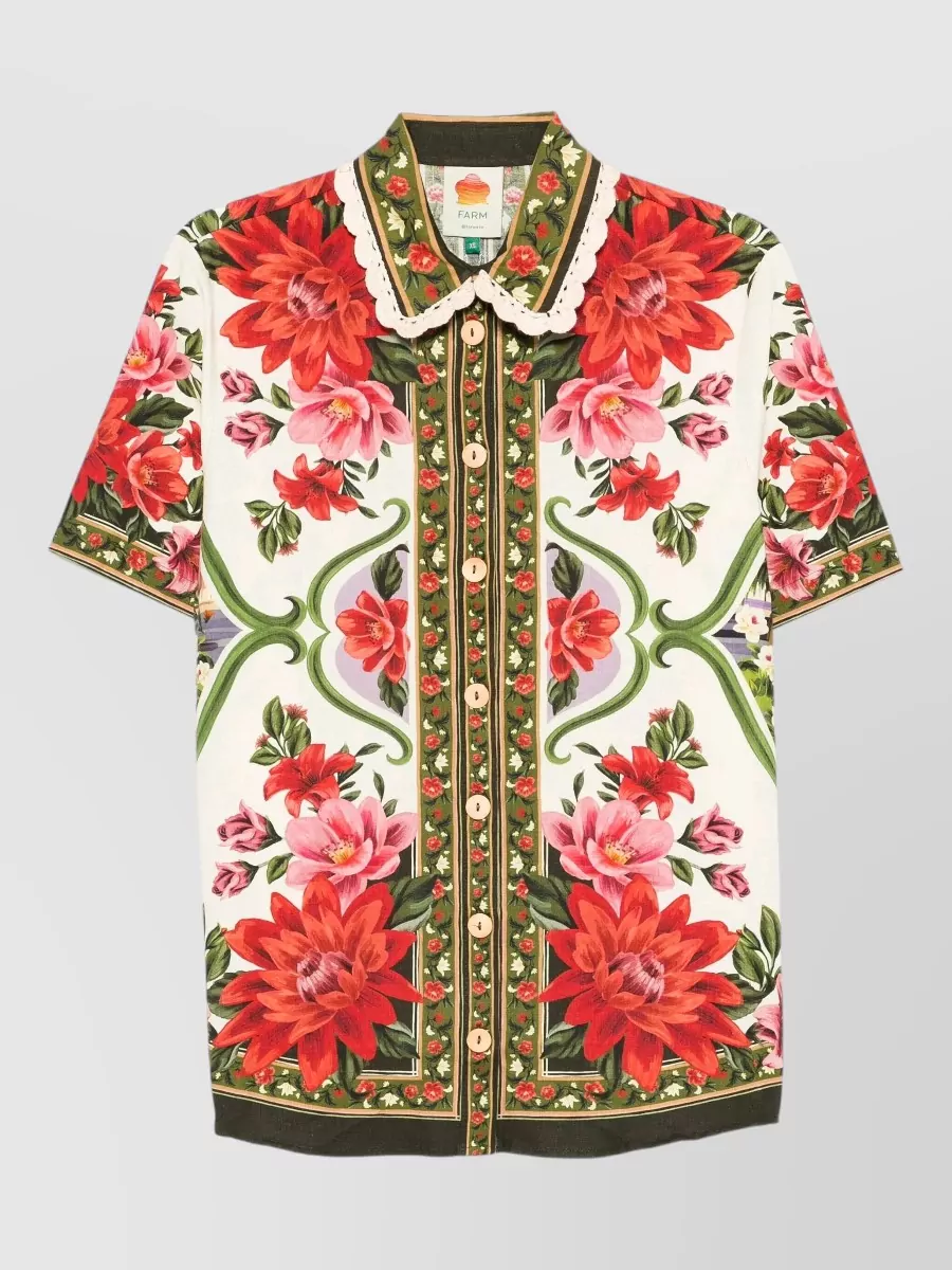 Farm Rio Short Sleeve Top Contrast Trim Flowers