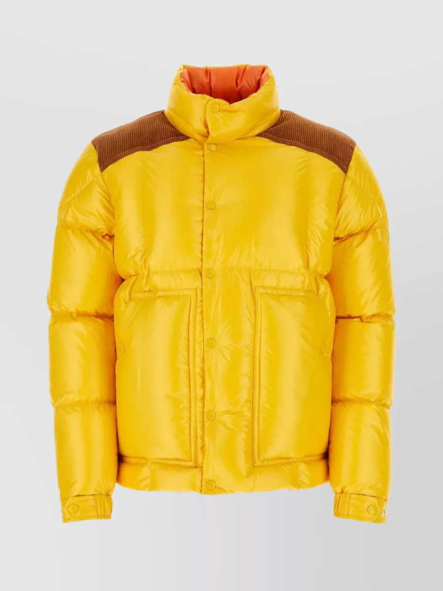 Shop Moncler Polyester Down Jacket With Corduroy Inserts In Yellow