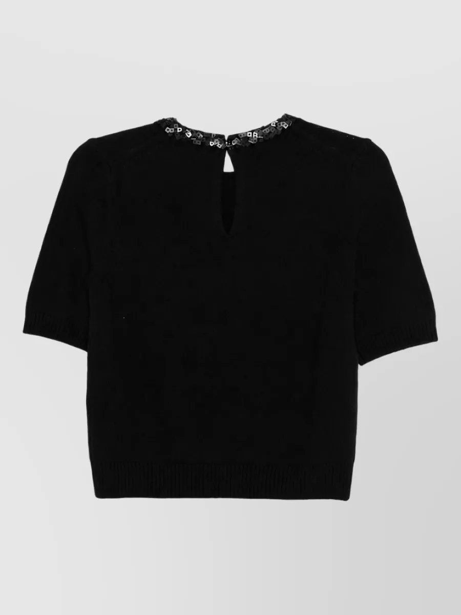 Semicouture Cashmere Wool Sequin-Embellished Short-Sleeve Crew-Neck Knitted Top
