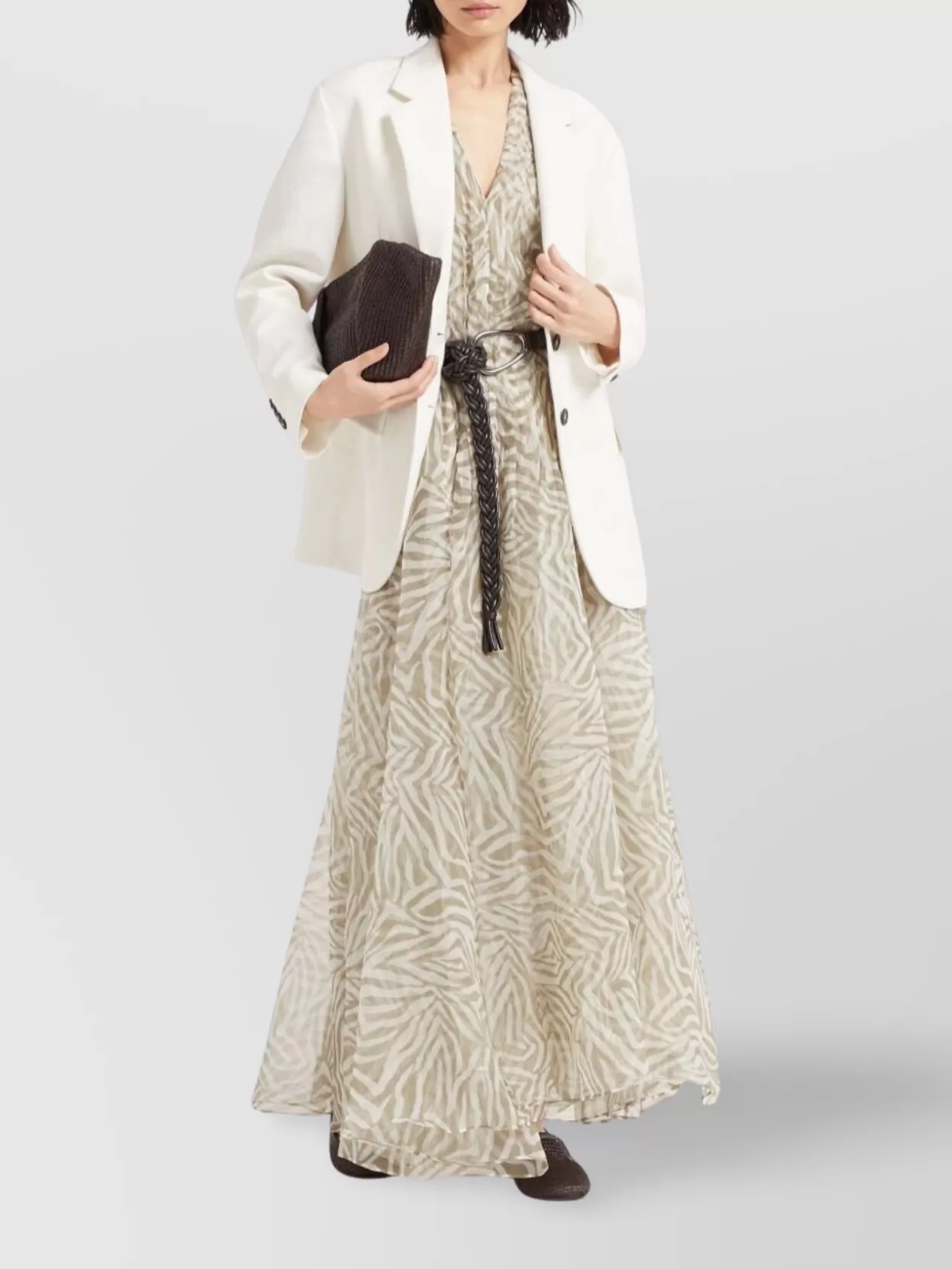 Brunello Cucinelli V-Neckline Silk Long Dress With Zebra Pattern