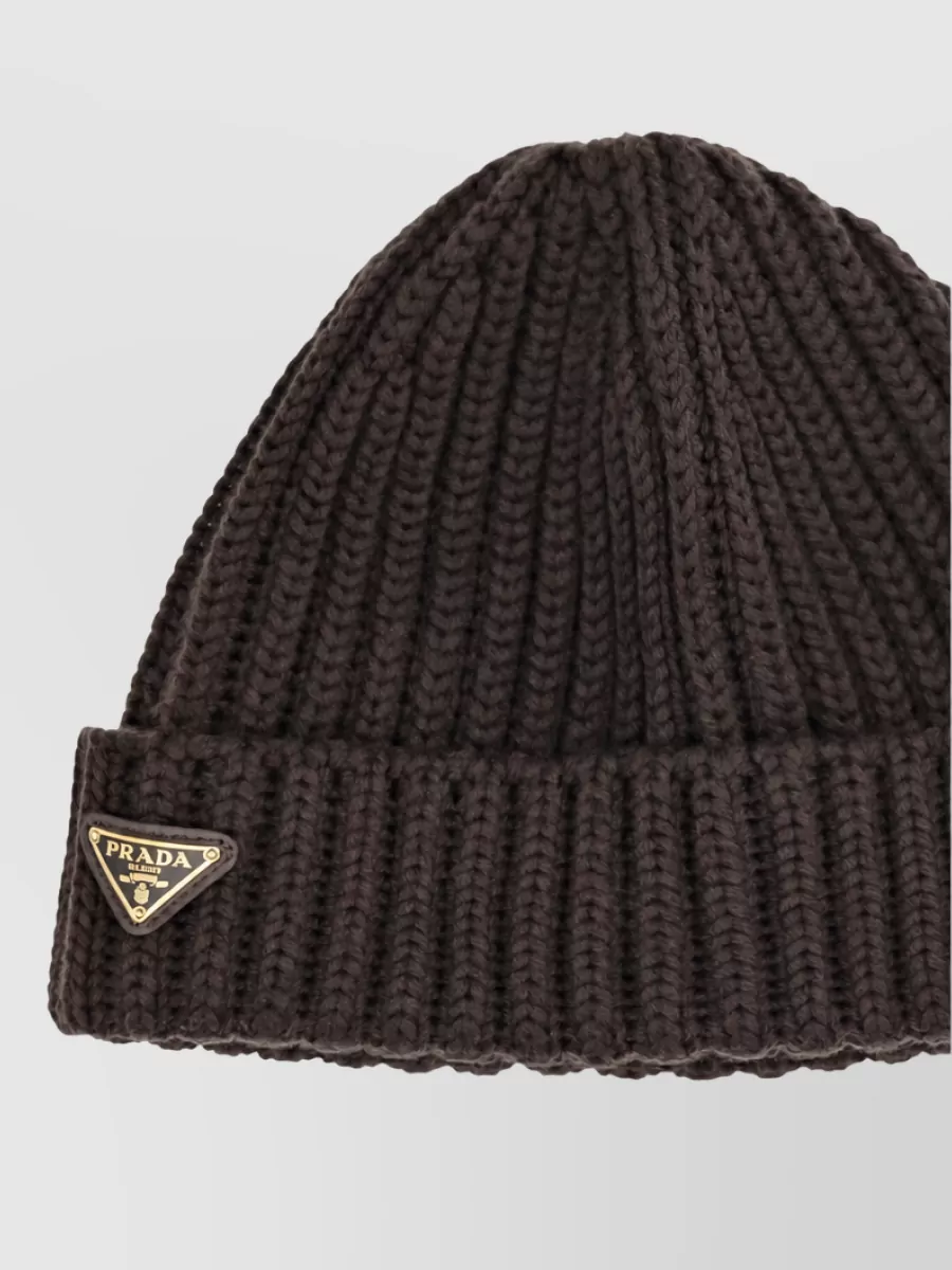 Prada Virgin Wool Ribbed Beanie