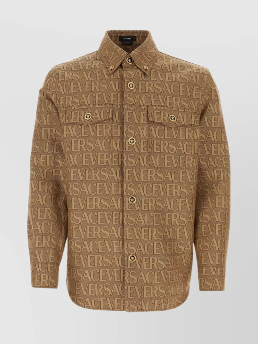 Shop Versace All-over Embroidered Jacquard Shirt In Brown