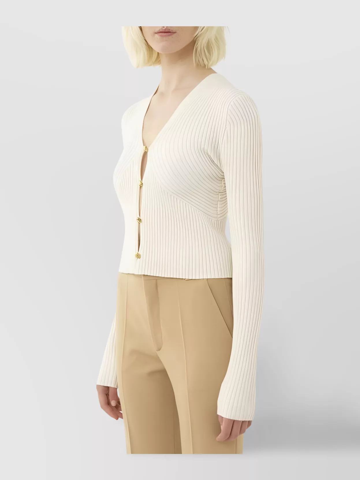 Chloé Cropped Sleeves V-Neck Ribbed Cardigan