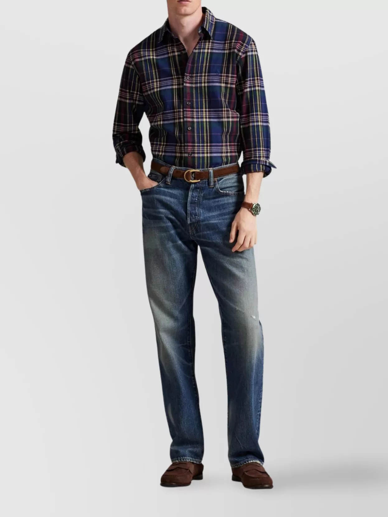 Polo Ralph Lauren Collared Shirt With Curved Hem And Plaid In Multi