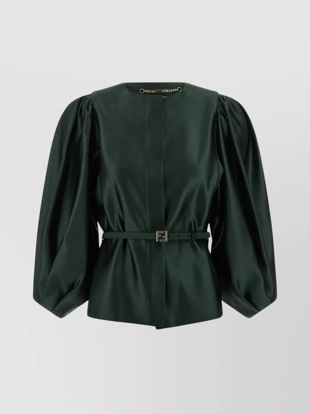 Fendi Satin Jacket With Balloon Sleeves And Belt In Green