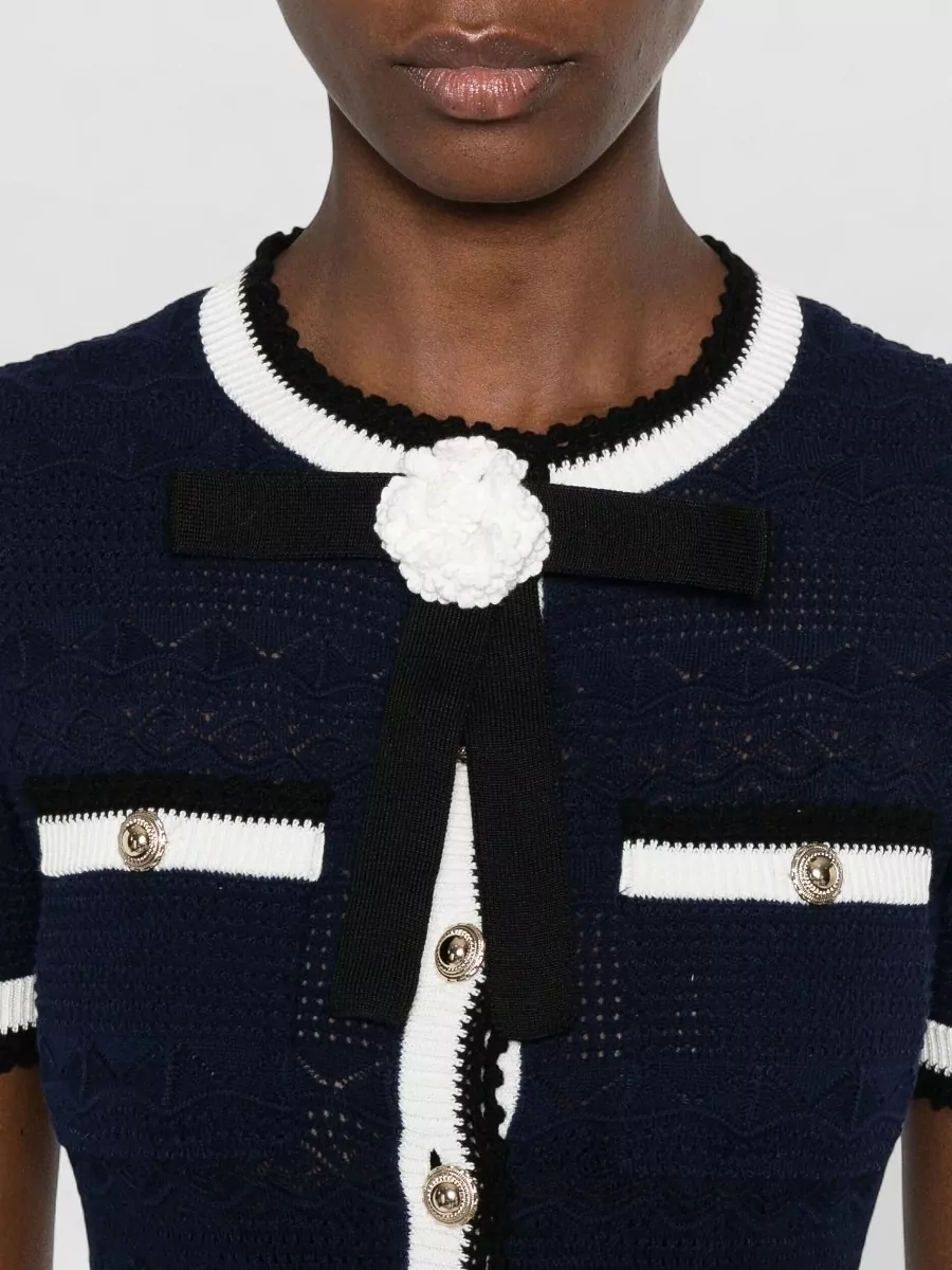 Self-Portrait Pointelle Knit Slim-Fit Short-Sleeve Buttoned Midi Dress