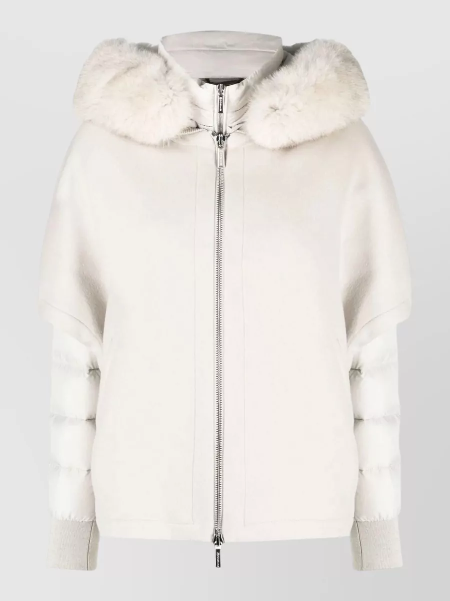 Moorer cashmere wool faux fur trimmed hood layered puffer jacket