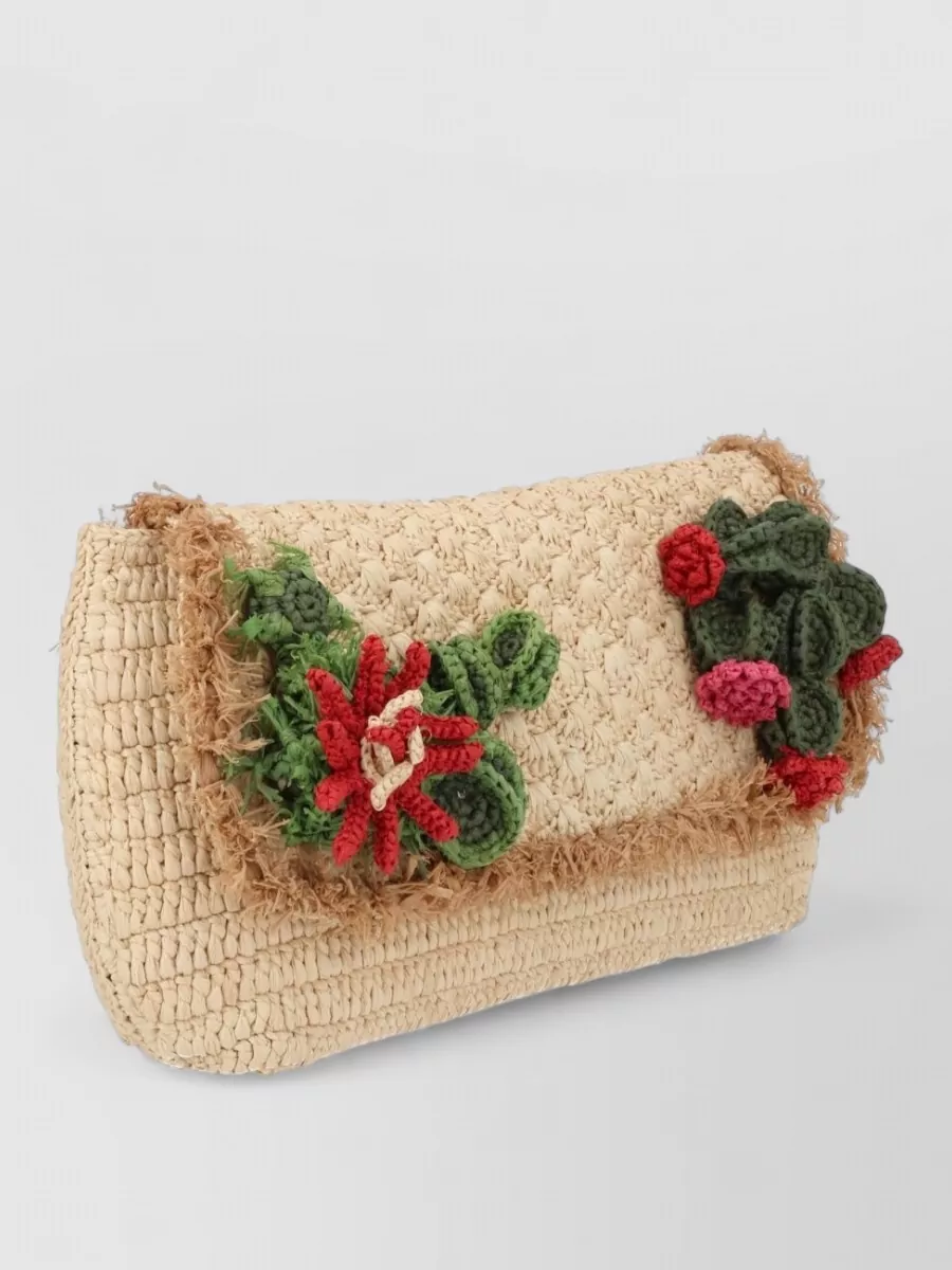 Anya Hindmarch Rectangular Clutch Woven Texture Floral Fringe