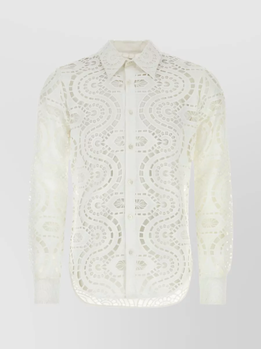 Shop Dries Van Noten Lace Shirt With Italian Collar And Cuffed Sleeves In Cream