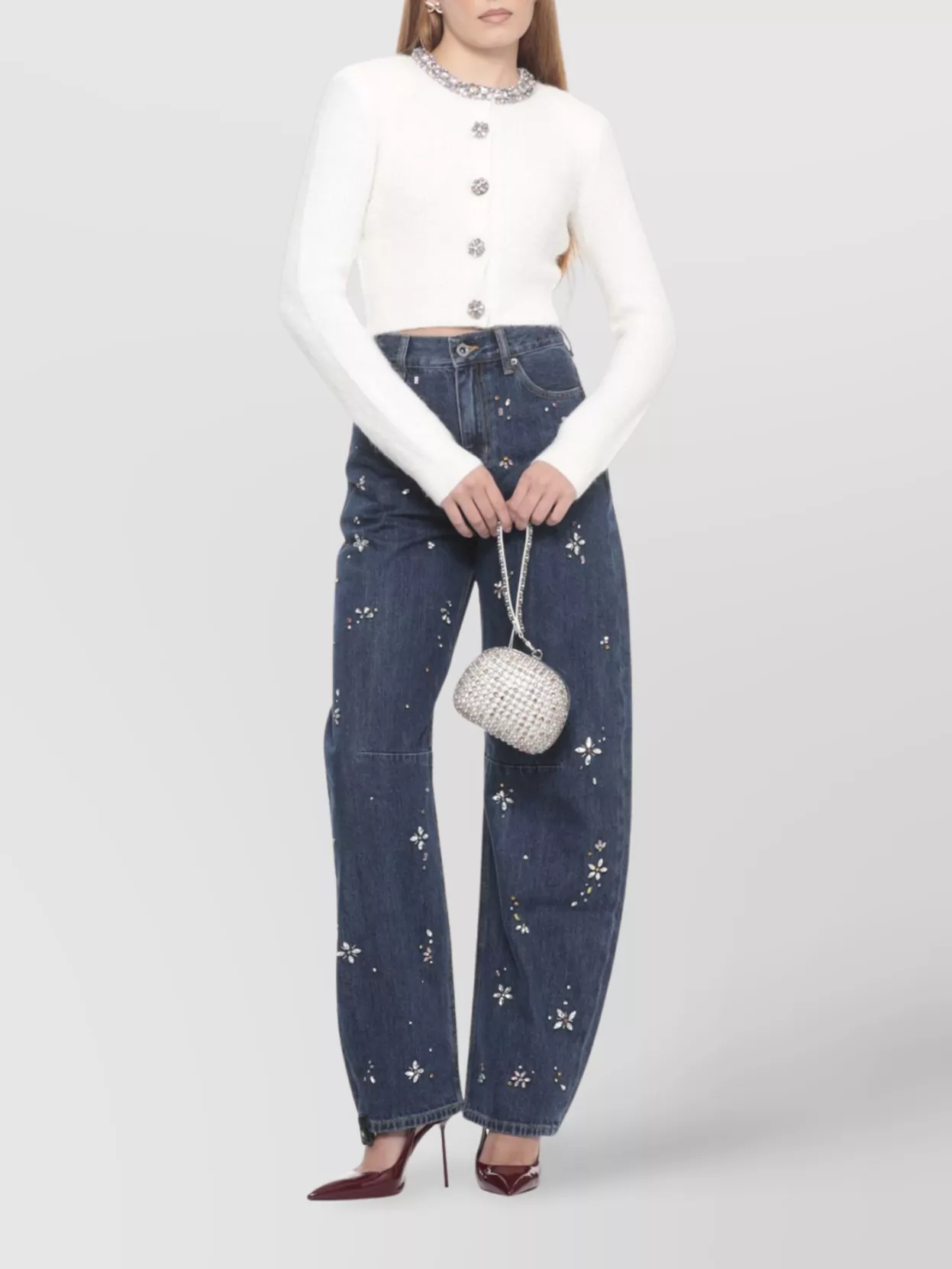 Self-Portrait Strass Embellished Crew Neck Cropped Cardigan