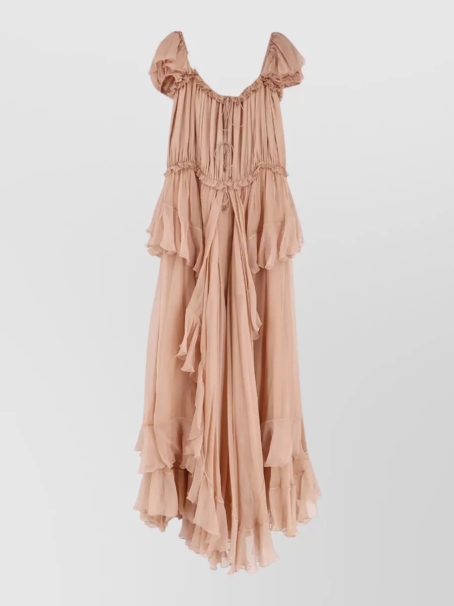 Chloé Knee Length Dress Cap Sleeves Neckline In Brown