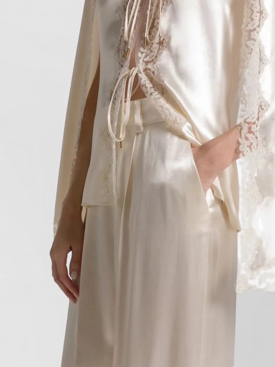 Alberta Ferretti Trousers Wide Leg Satin Finish Lace Trim