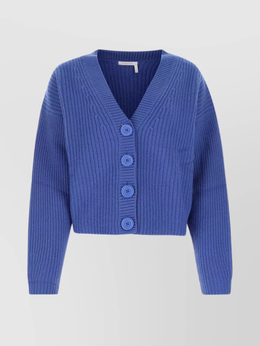 Shop See By Chloé Oversized Wool Blend Cardigan With V Neckline In Blue