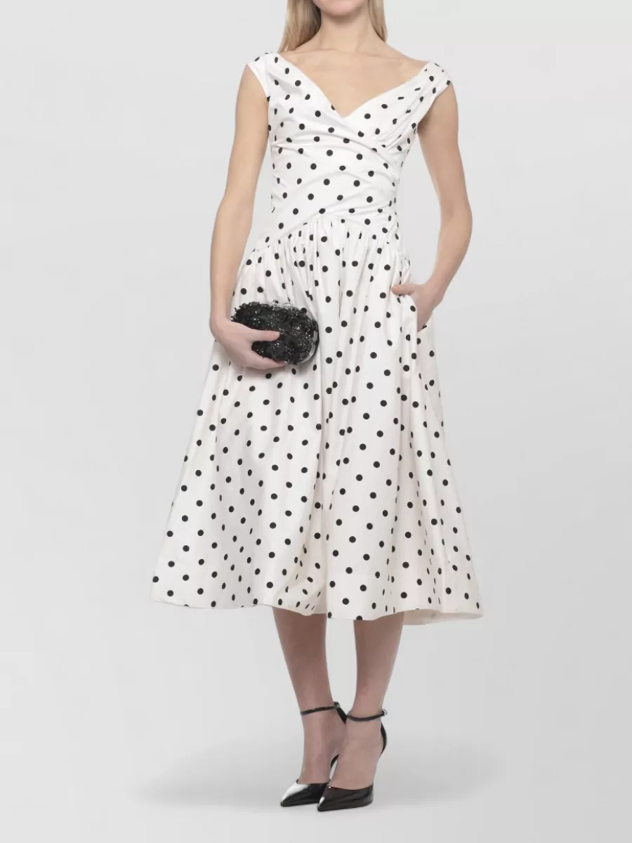 Self-Portrait Cotton Polka-Dot Off-Shoulder Sweetheart Neck Sleeveless Gathered-Waist Flared Midi Dress