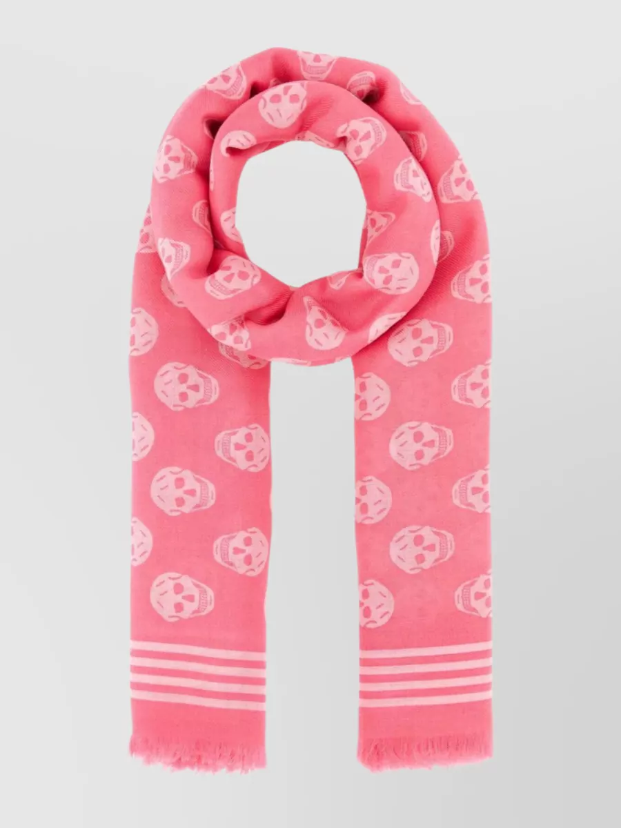 Shop Alexander Mcqueen Woolen Scarf With Printed Skulls And Fringed Edges In Pink