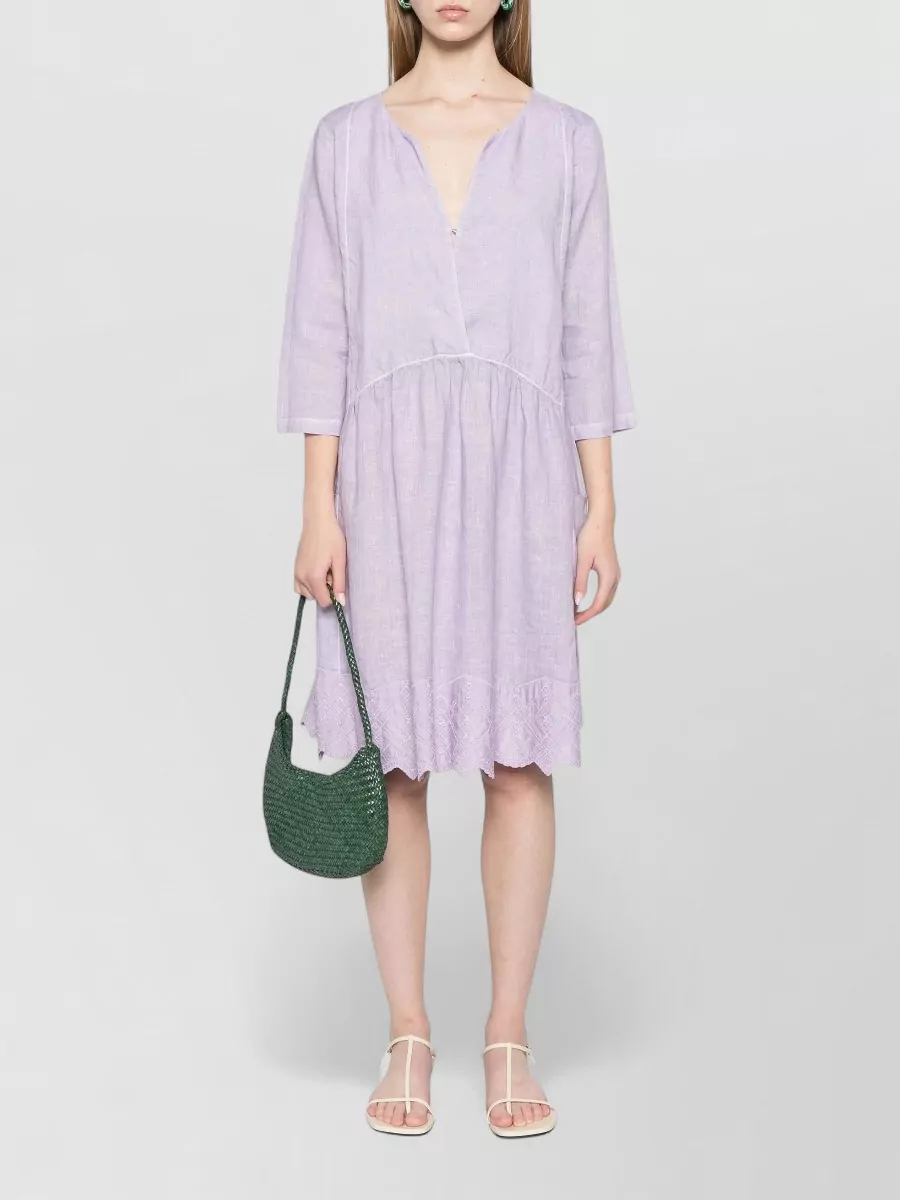 120% Lino Linen V-Neck Embroidered Knee-Length Dress