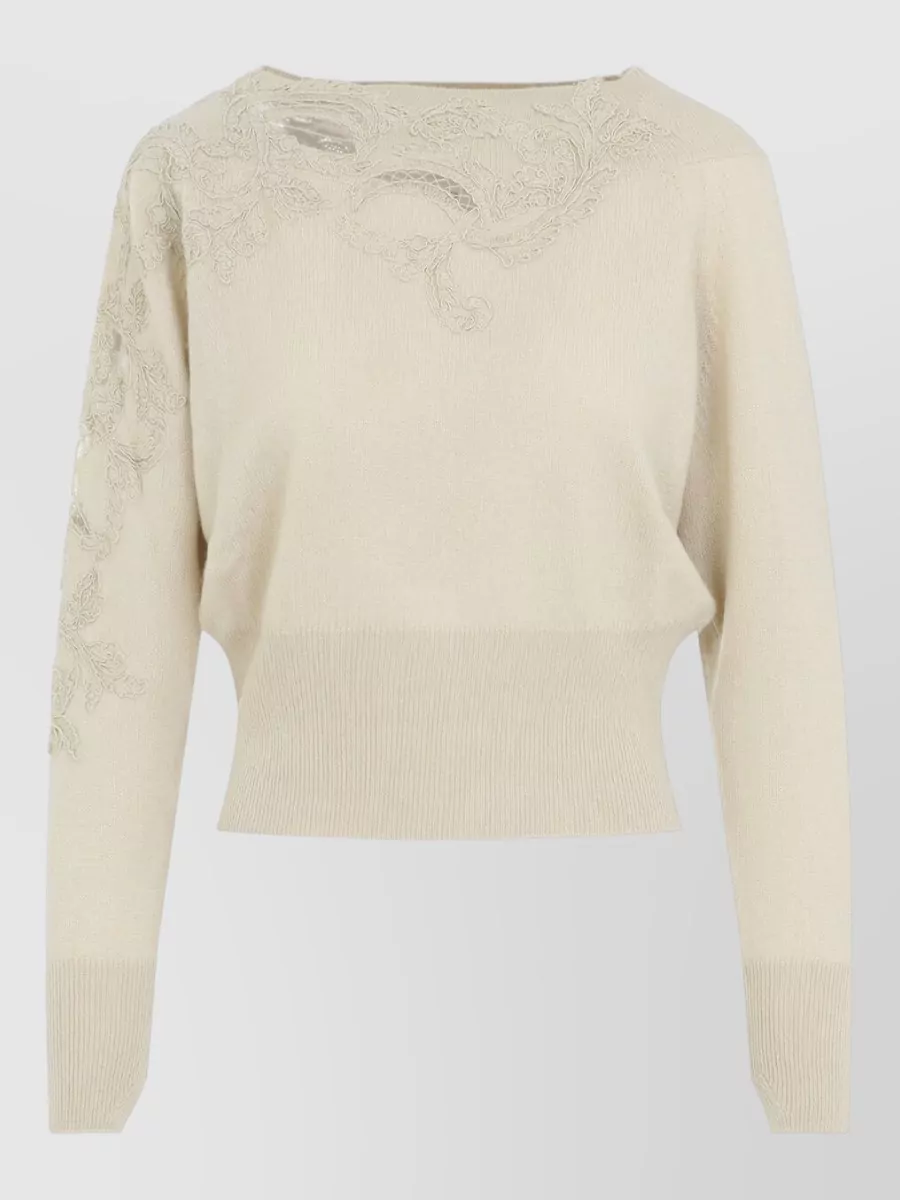 Ermanno Scervino cashmere fine-knit lace-appliqué boat neck sweater