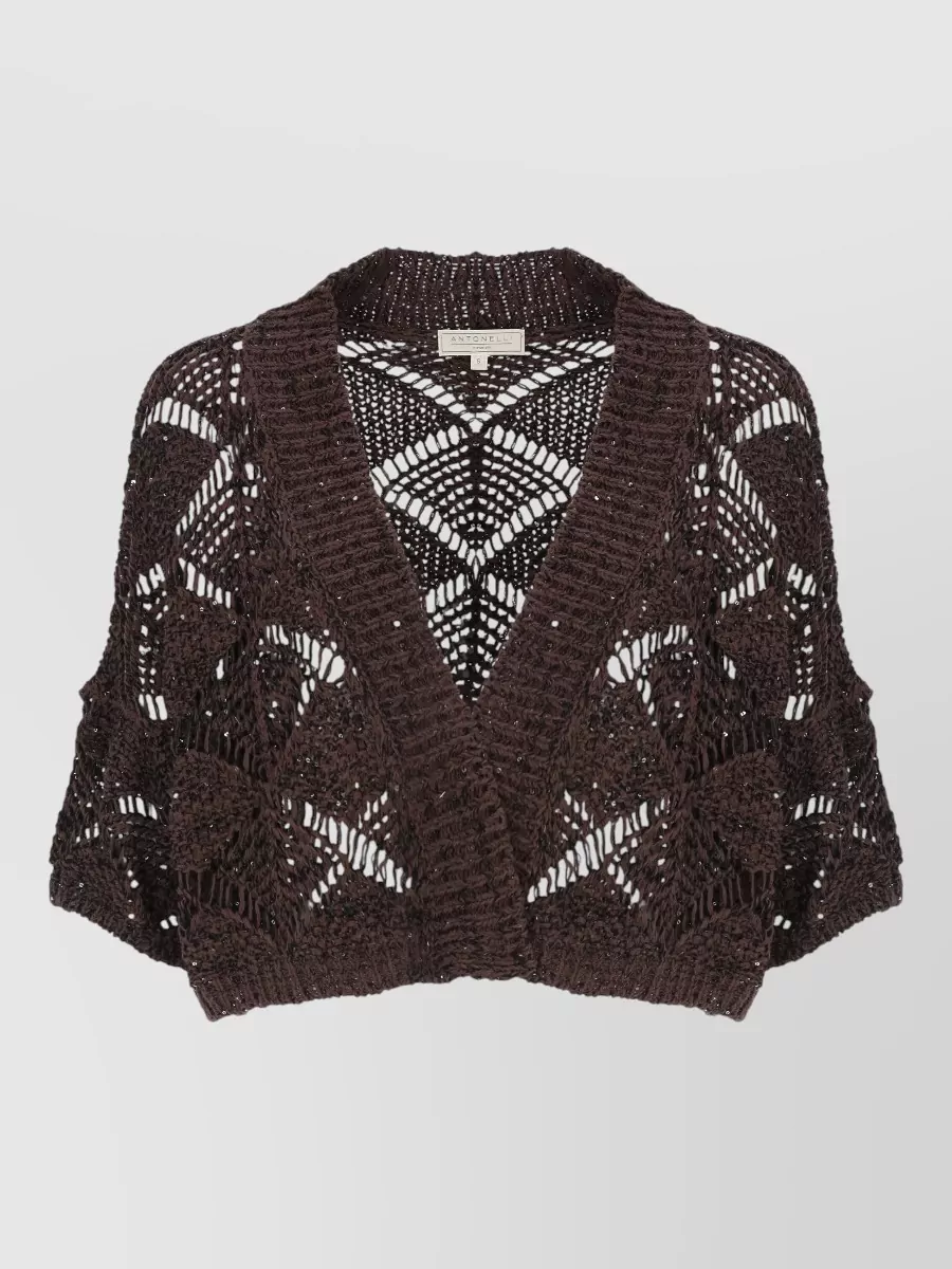 Antonelli Firenze V-Neck Short-Sleeve Sequin Cutout Cardigan