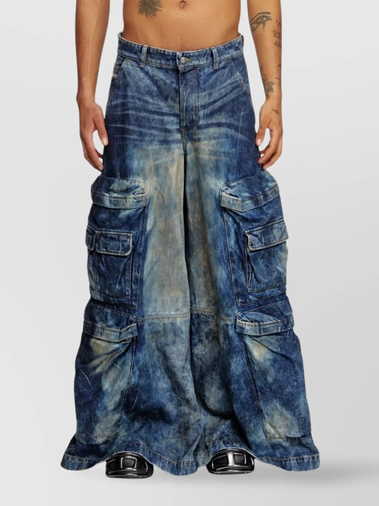 Diesel Wide-Leg Distressed Denim Cargo Trousers