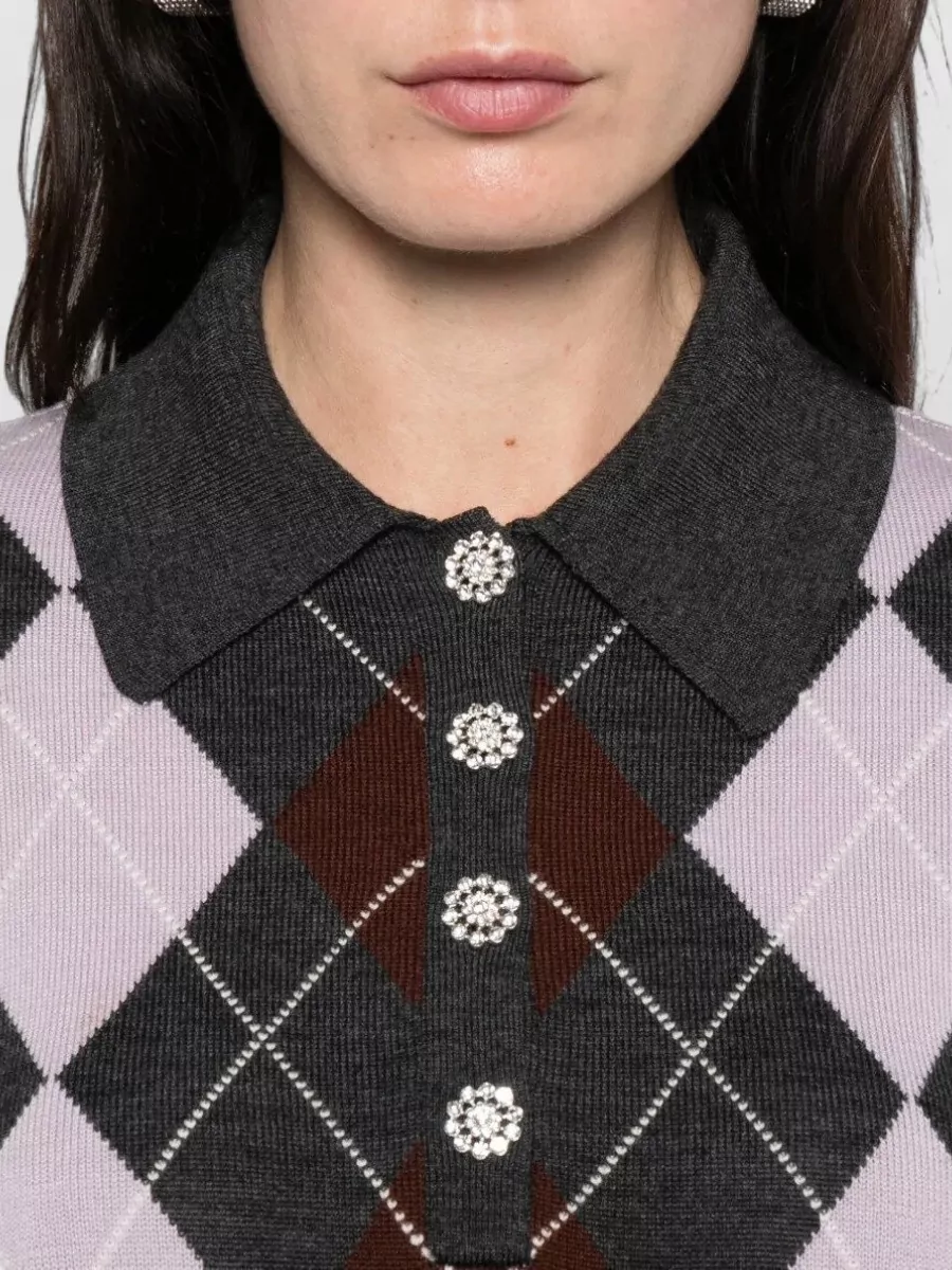 Self-Portrait Wool Argyle Long-Sleeve Polo Top