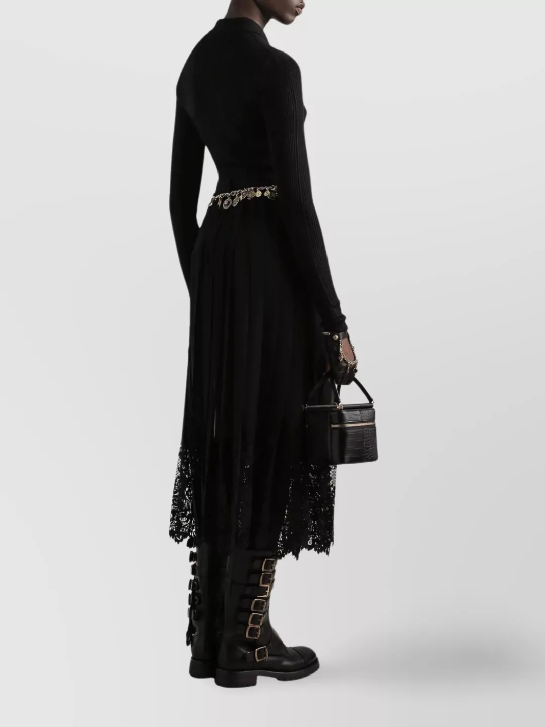 Dolce&Gabbana Pleated Lace Hem Skirt With Chain Belt