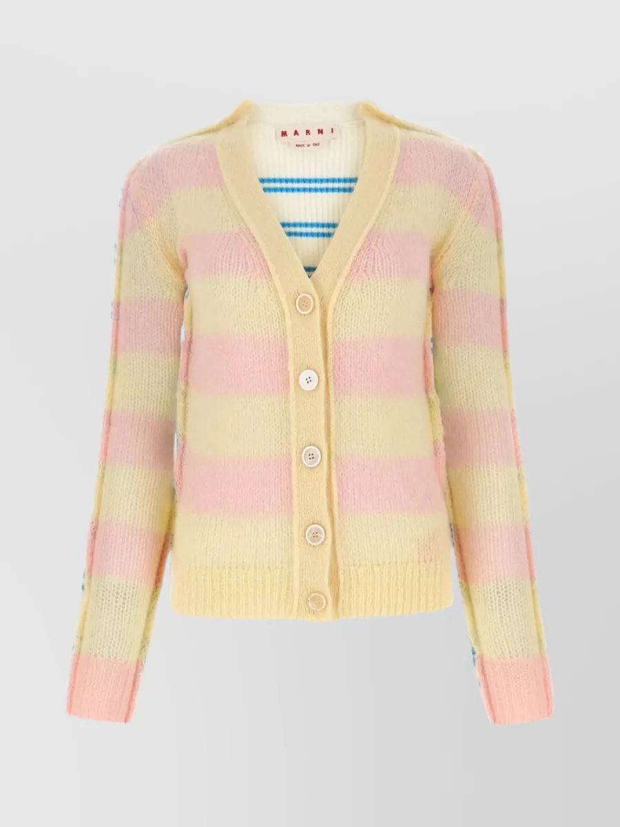 Shop Marni Striped Embroidered Cardigan In Mohair And Wool Blend In Cream