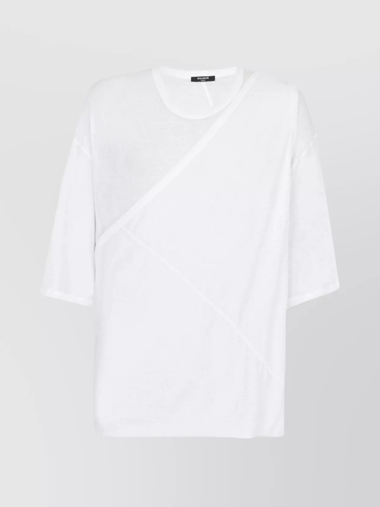 Shop Balmain Long Length Round Neck T-shirt With Asymmetrical Design In White