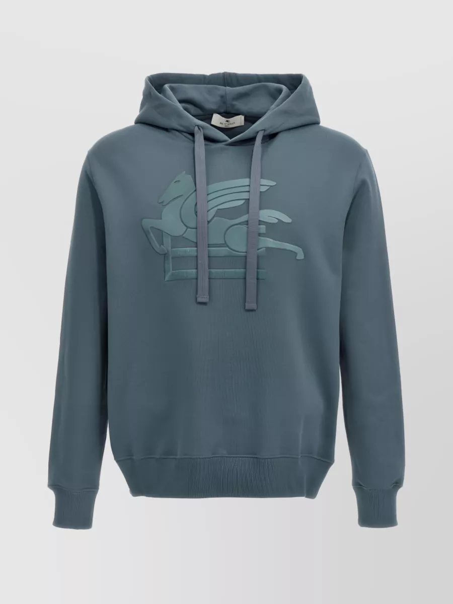 Shop Etro Logo Embroidered Cotton Hoodie With Drawstring In Blue