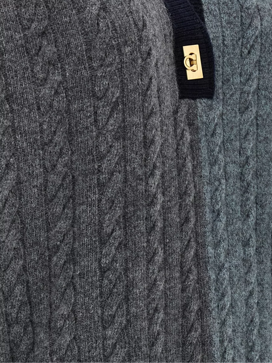 Ferragamo Virgin Wool Color Block Cable-Knit V-Neck Polo Sweater