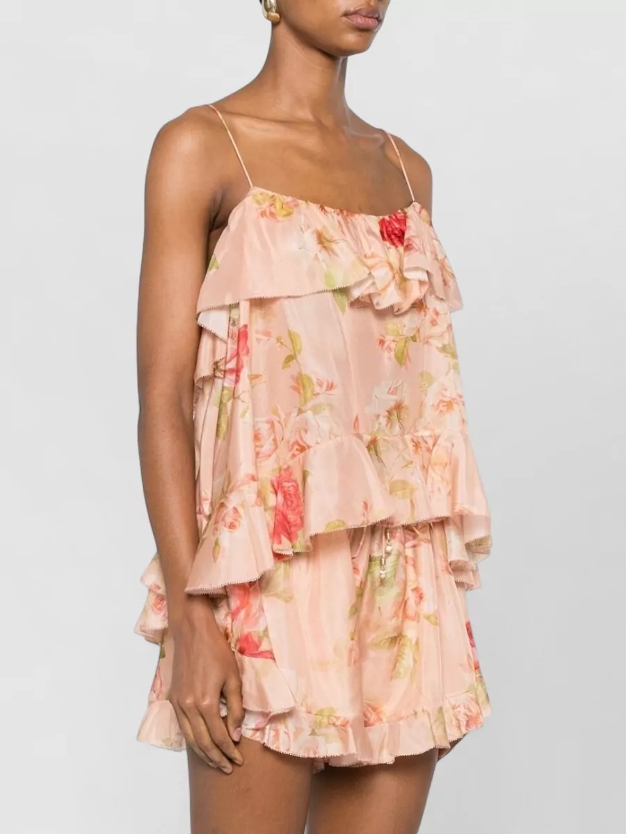 Zimmermann Floral-Print Silk Ruffled Spaghetti-Strap Top