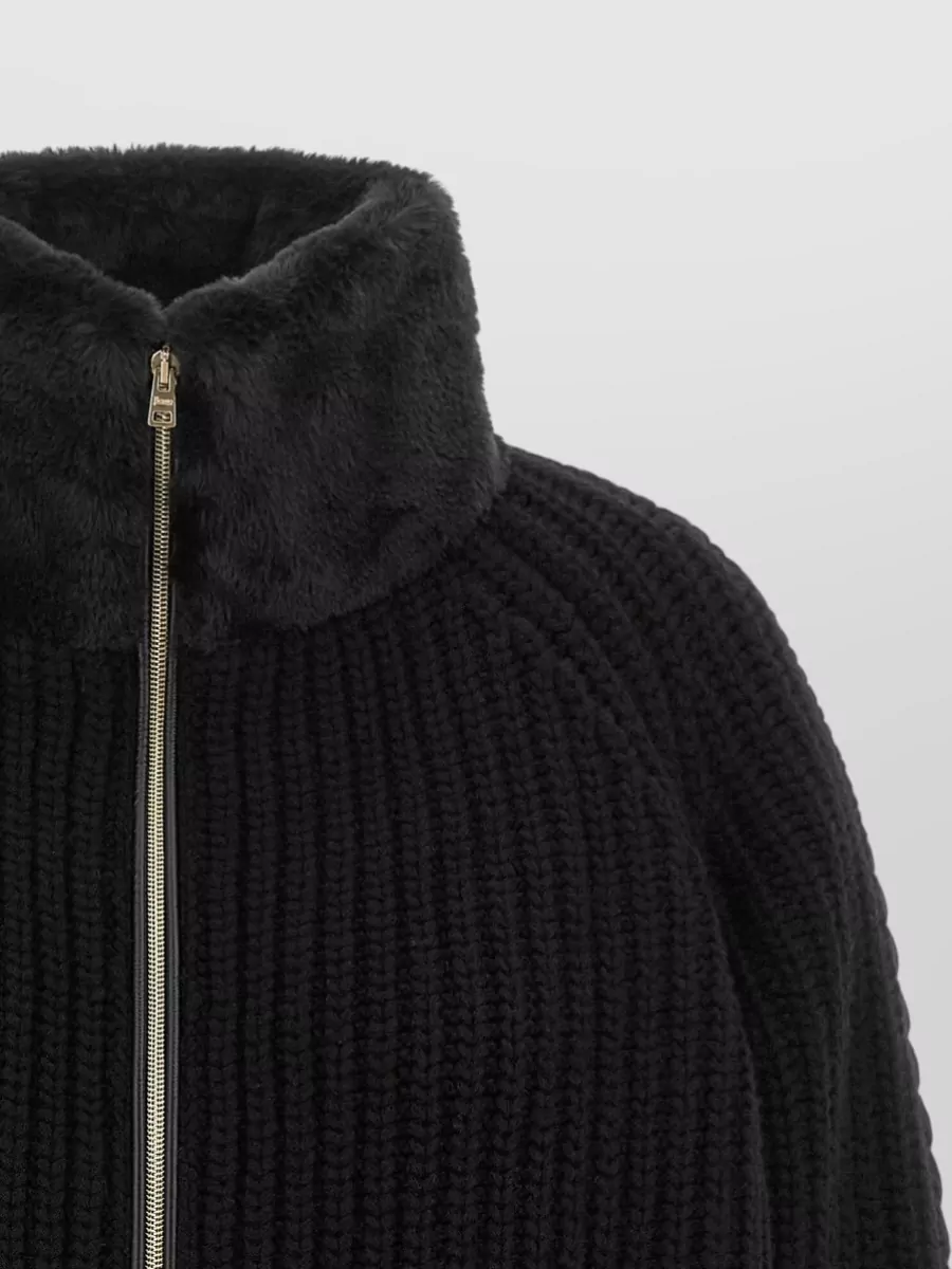 Herno Wool Ribbed Cable Knit High Neck Cardigan