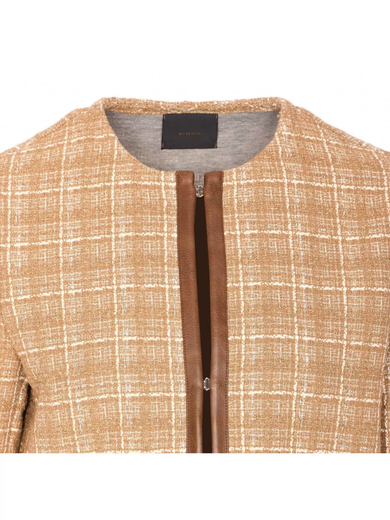 Pinko Crewneck Checked Pattern Leather Trim Jacket