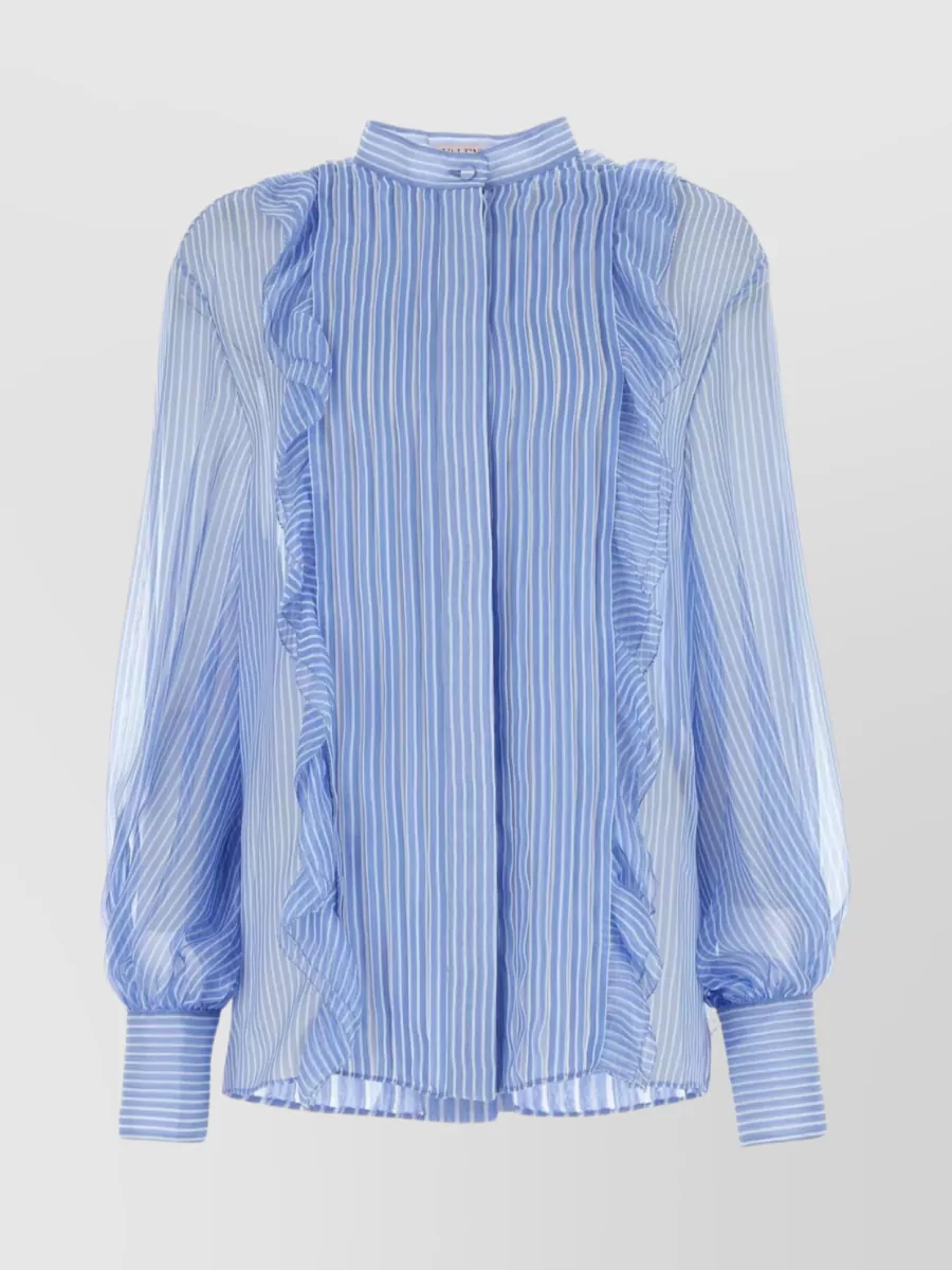 Shop Valentino Mandarin Collar Striped Chiffon Blouse In Blue