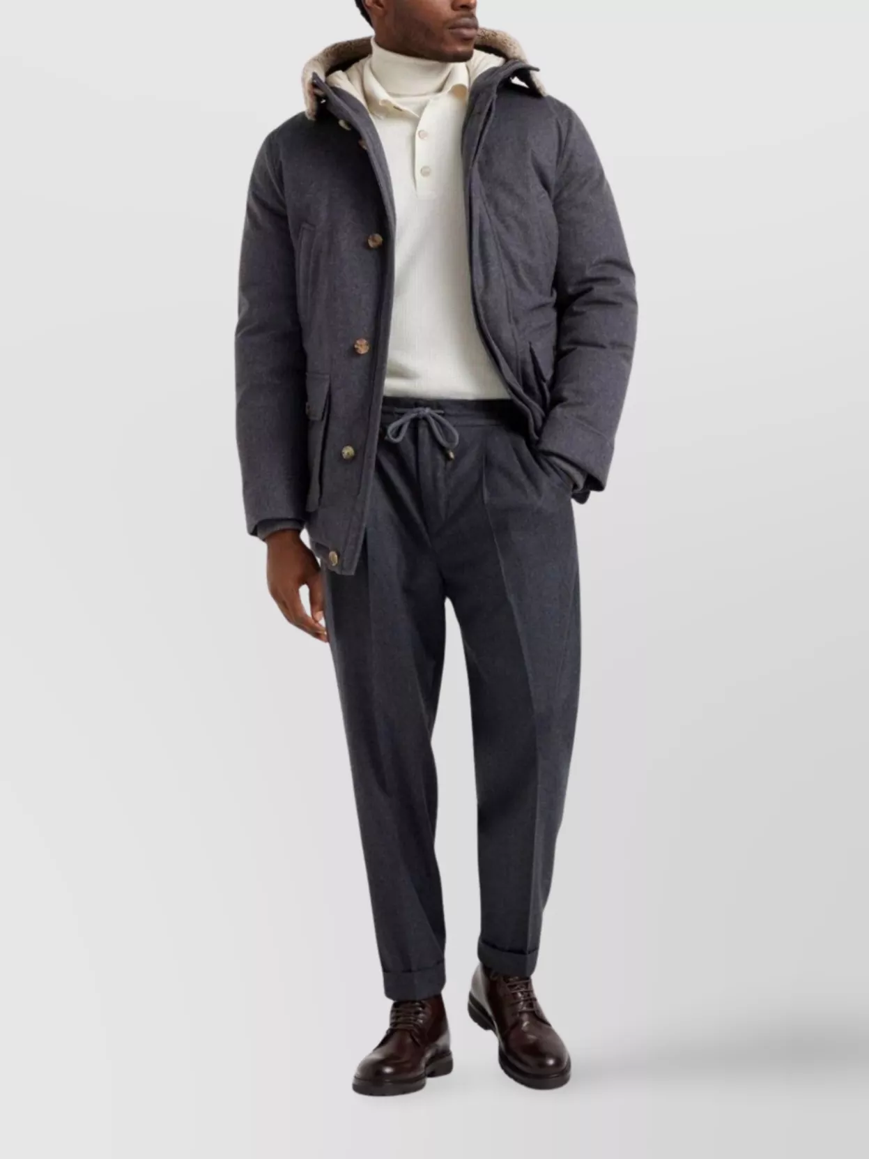 Brunello Cucinelli Hooded Long Length Warm Fabric Front Pockets In Gray